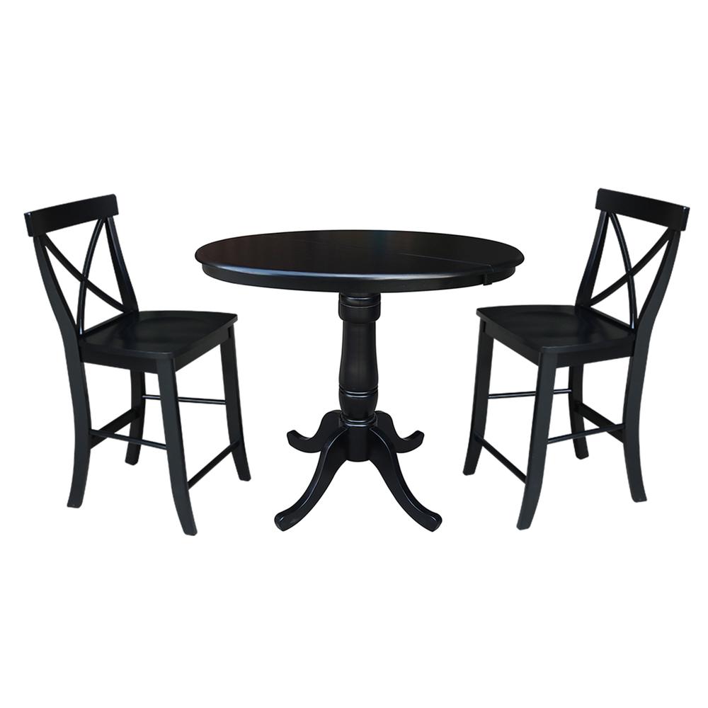 36" Round Extension Dining Table 34.9"H With 2 X-Back Counter height Stools, Black