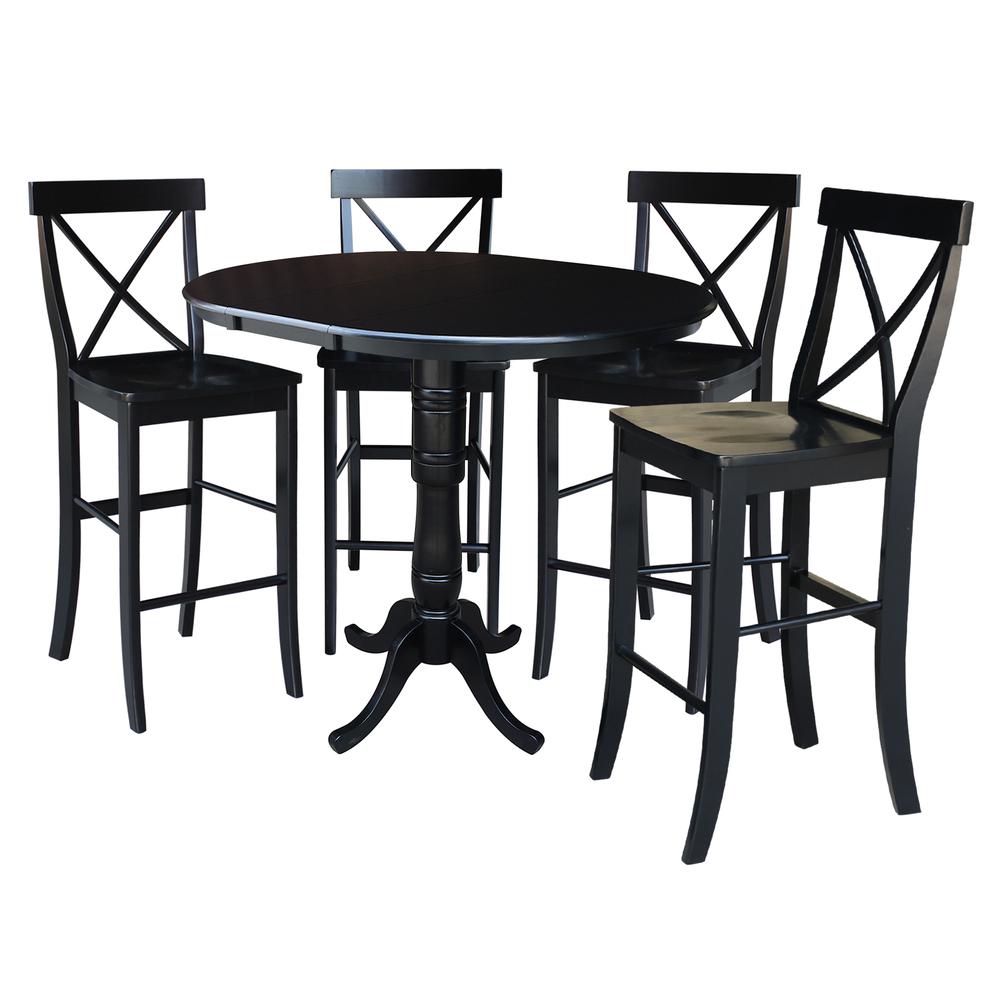 36" Round Extension Dining Table 40.9"H With 4 X-Back Bar height Stools, Black