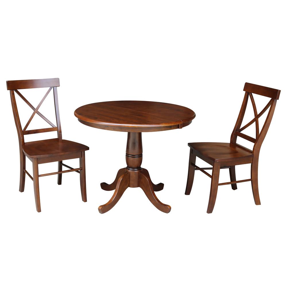 36" Round Top Pedestal Ext Table With 12" Leaf And 2 X-Back Chairs, Espresso
