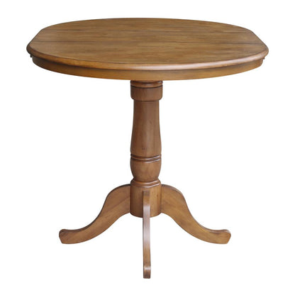 36" Round Top Pedestal Table With 12" Leaf - 34.9"H - Dining or Counter Height, Pecan