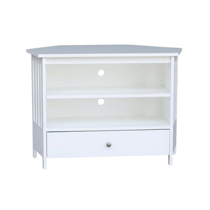 White Hardwood Corner TV Stand with Modern Design and Ample Storage
