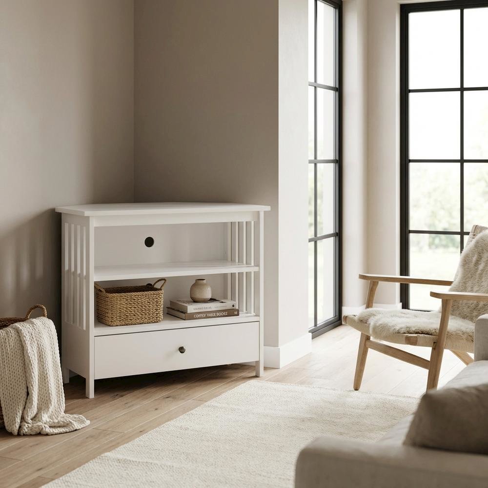 White Hardwood Corner TV Stand with Modern Design and Ample Storage