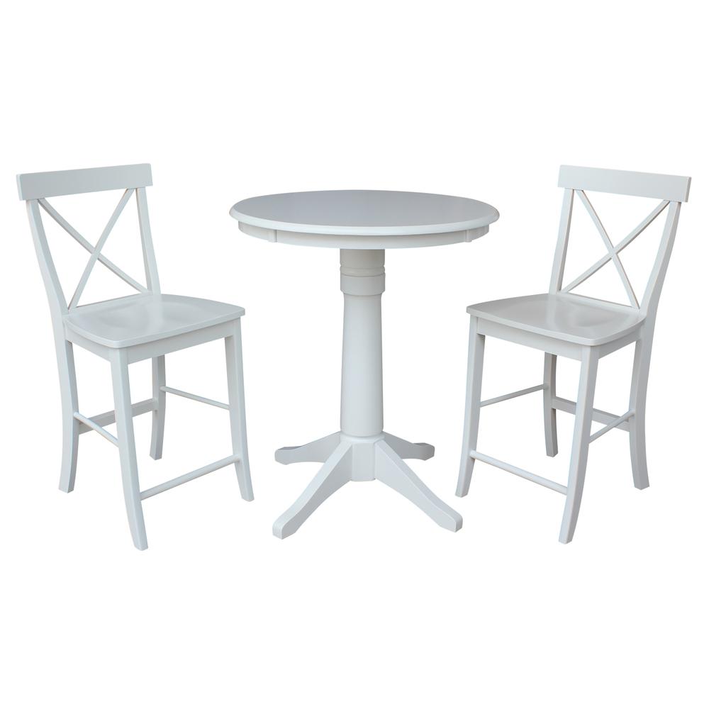 30" Round Pedestal Gathering Height Table With 2 X-Back Counter Height Stools
