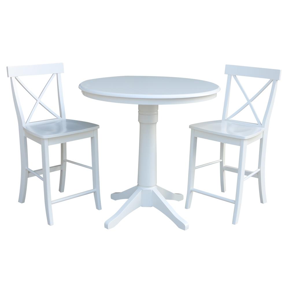 36" Round Pedestal Gathering Height Table With 2 X-Back Counter Height Stools