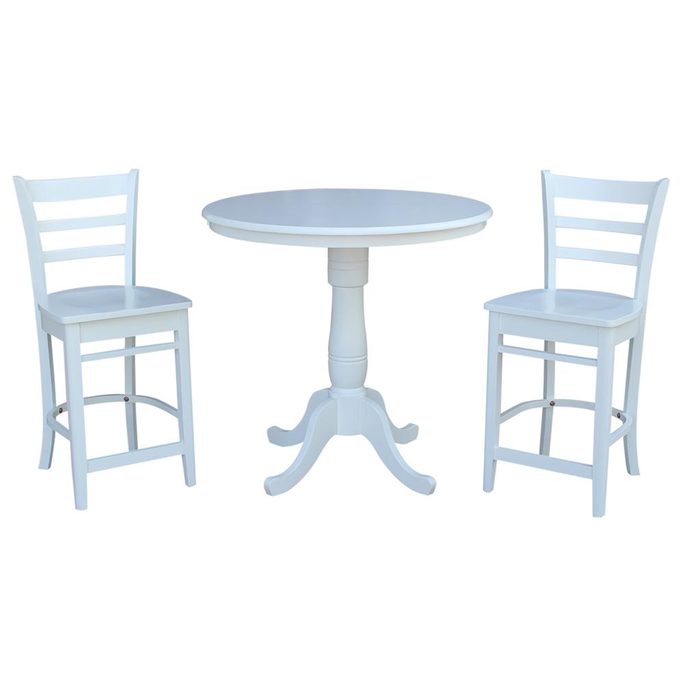 36" Pedestal Gathering Height Table With 2 Ladderback Counter Height Stools