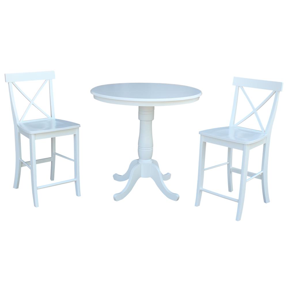 36" Round Pedestal Gathering Height Table With 2 X-Back Counter Height Stools