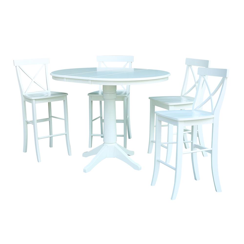 36" Round Extension Dining Table 34.9"H With 4 X-Back Counter height Stools, White