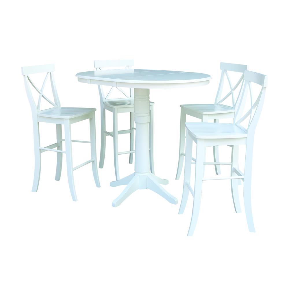 36" Round Extension Dining Table 40.9"H With 4 X-Back Bar height Stools, White