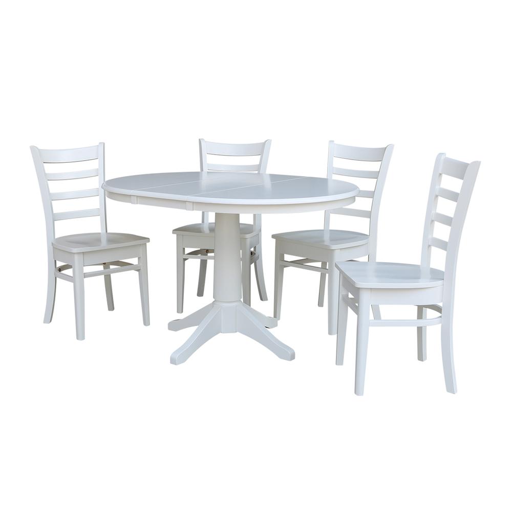 36" Round Extension Dining Table With 4 Emily Chairs, White