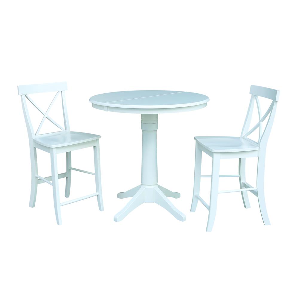 36" Round Extension Dining Table 34.9"H With 2 X-Back Counter height Stools, White