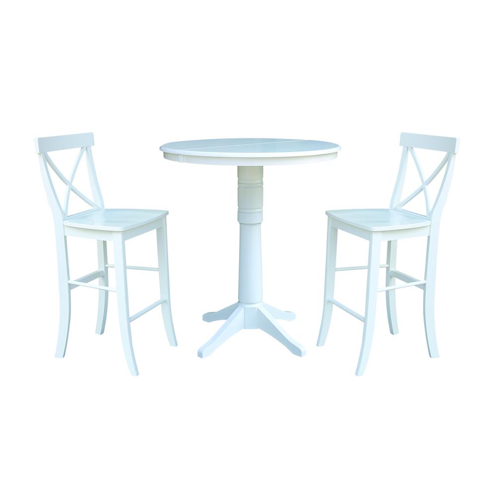 36" Round Extension Dining Table 40.9"H With 2 X-Back Bar height Stools, White