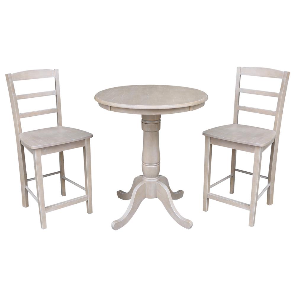30" Round Pedestal Gathering Height Table With 2 Madrid Counter Height Stools