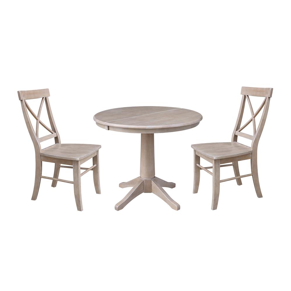 36" Round Extension Dining Table With 2 X-Back Chairs, Washed Gray Taupe