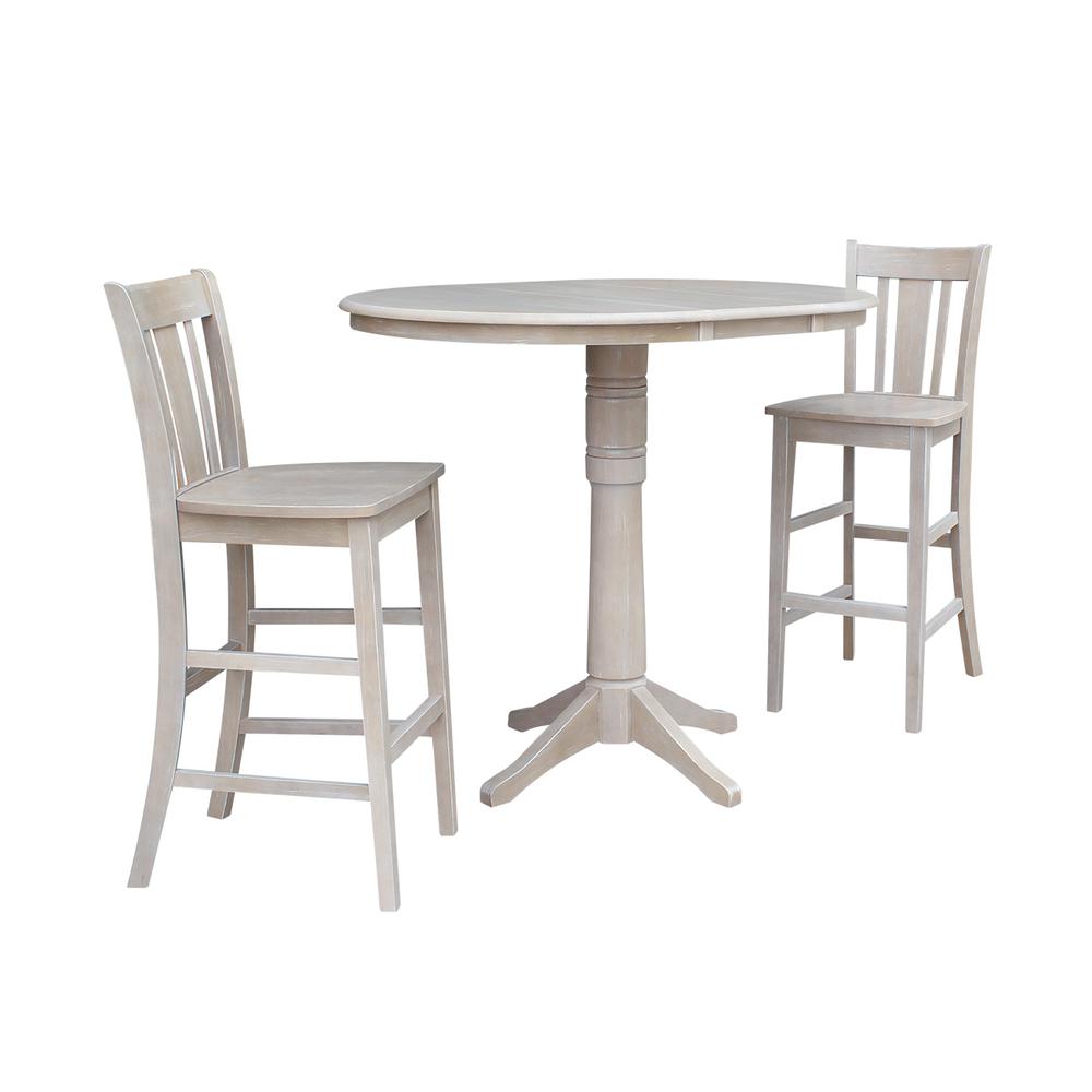 36" Round Extension Dining Table 40.9"H With 2 San Remo Bar height Stools, Washed Gray Taupe