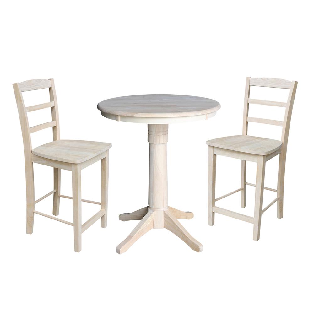 30" Round Pedestal Gathering Height Table With 2 Madrid Counter Height Stools