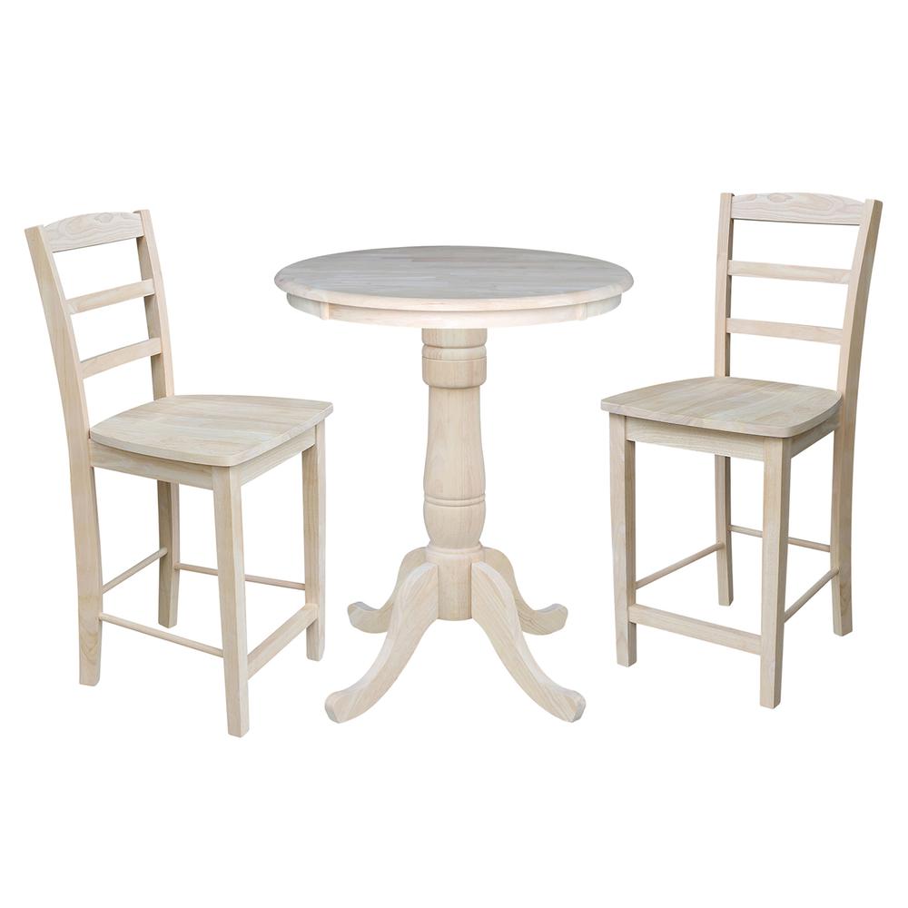 30" Round Pedestal Gathering Height Table With 2 Madrid Counter Height Stools