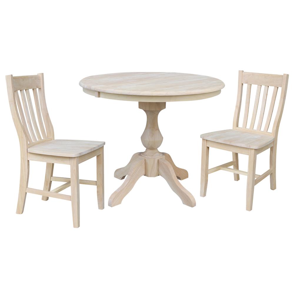 36" Round Extension Dining Table With 2 Cafe Chairs, Unfinished