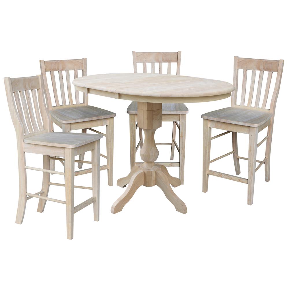 36" Round Extension Dining Table 34.9"H With 4 Cafe Counter height Stools, Unfinished