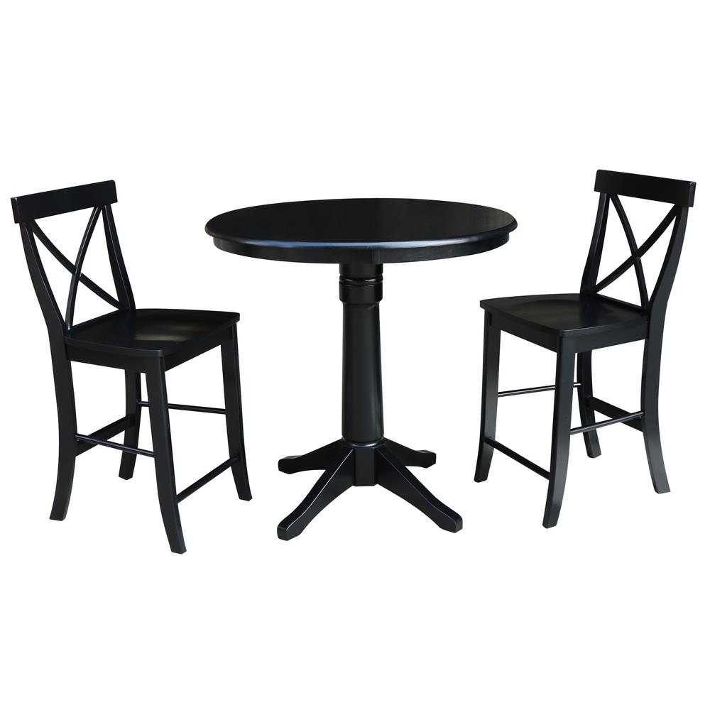 36" Round Pedestal Gathering Height Table With 2 X-Back Counter Height Stools