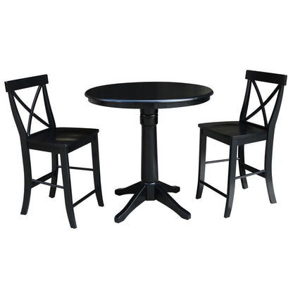 36" Round Pedestal Gathering Height Table With 2 X-Back Counter Height Stools