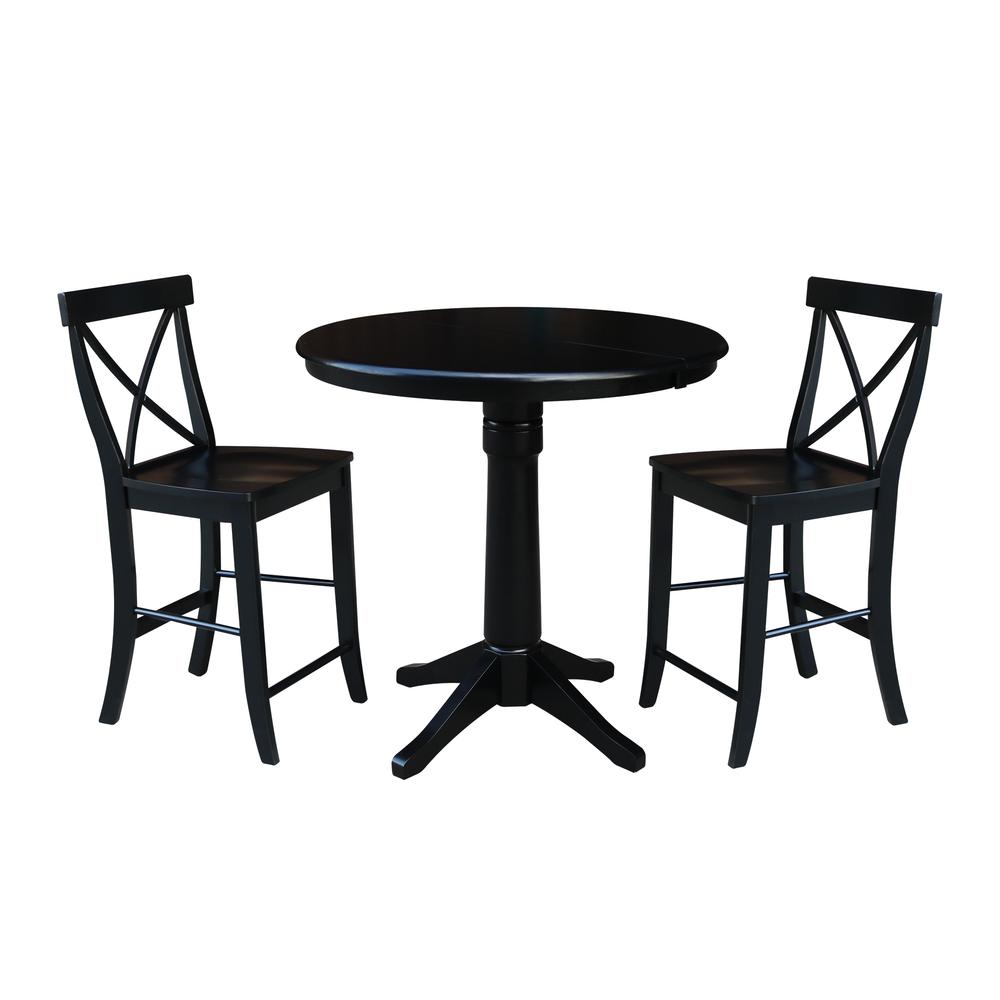 36" Round Extension Dining Table 34.9"H With 2 X-Back Counter height Stools, Black