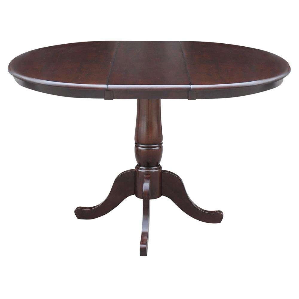 36" Round Top Pedestal Table With 12" Leaf - 28.9"H - Dining Height, Rich Mocha