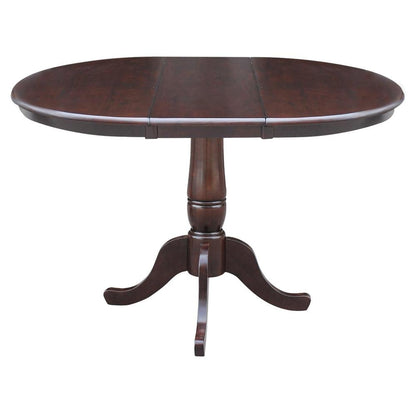 36" Round Top Pedestal Table With 12" Leaf - 28.9"H - Dining Height, Rich Mocha