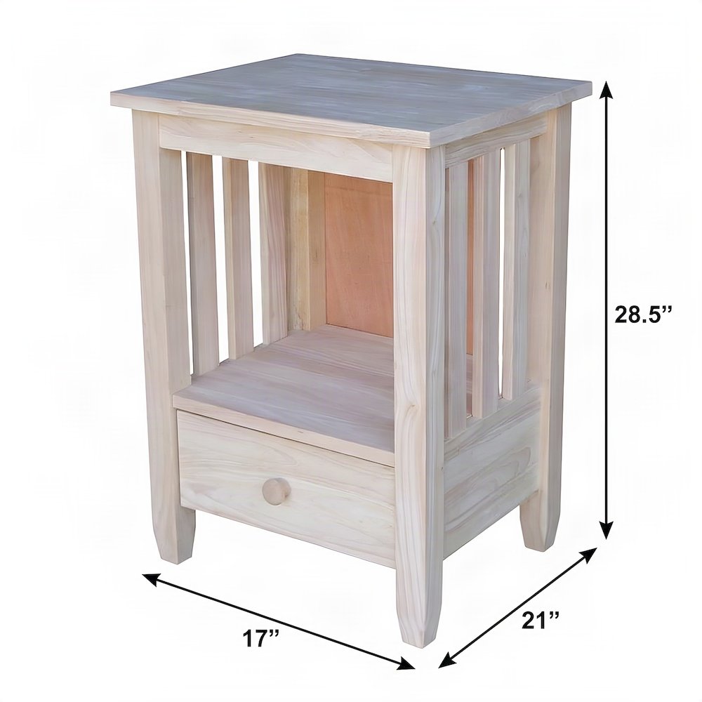 Hardwood Tall End Table with Drawer, Mission Style, Unfinished