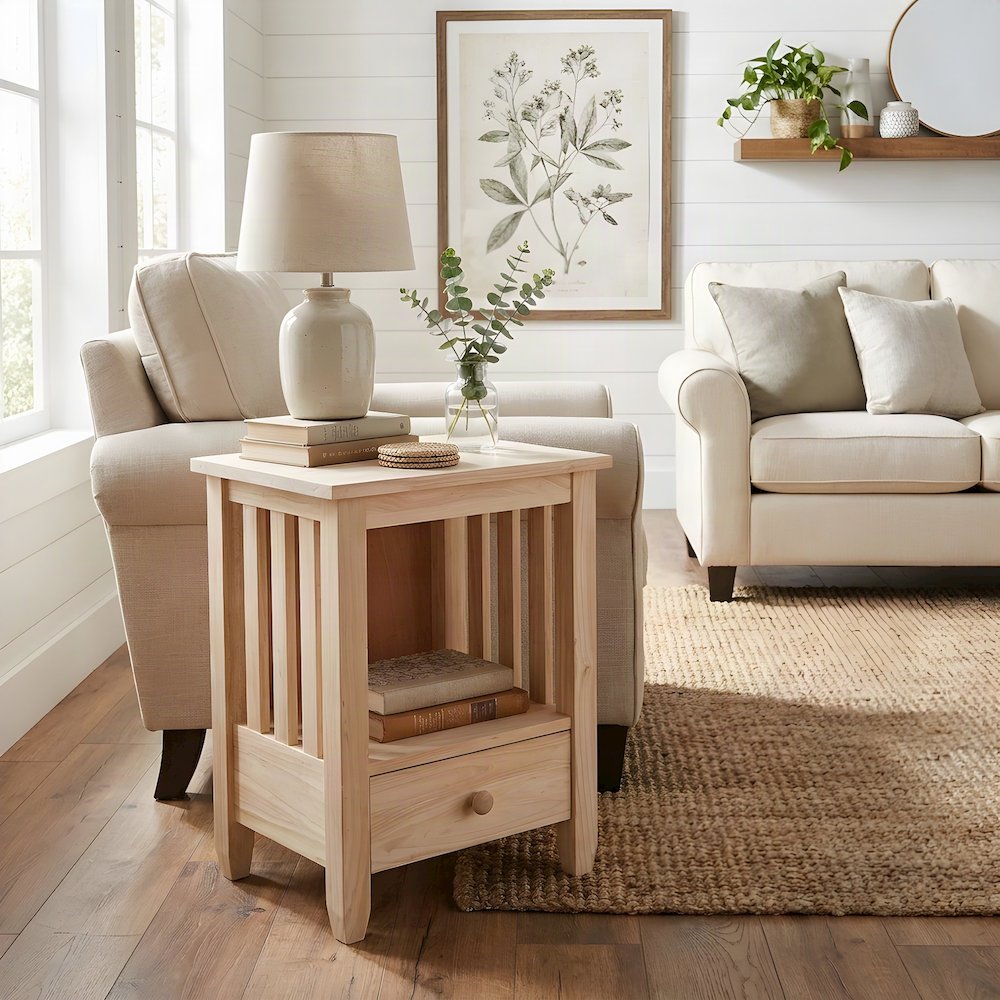 Hardwood Tall End Table with Drawer, Mission Style, Unfinished