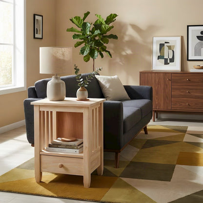 Hardwood Tall End Table with Drawer, Mission Style, Unfinished