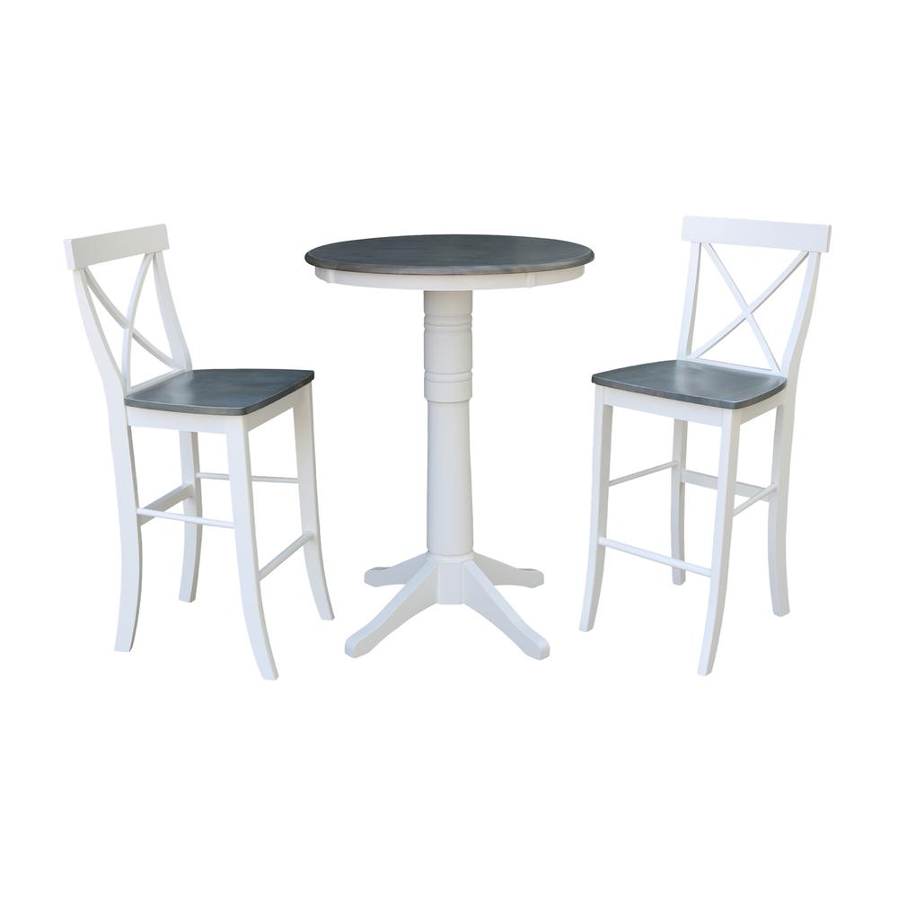 30" round pedestal bar Height table with 2 x-back  barHeight stools