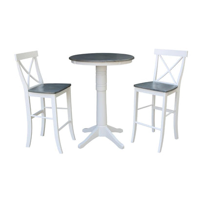 30" round pedestal bar Height table with 2 x-back  barHeight stools
