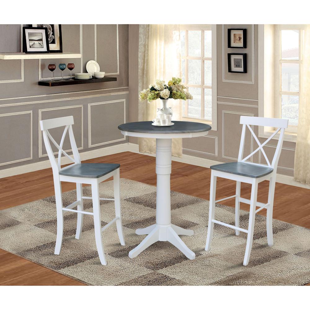 30" round pedestal bar Height table with 2 x-back  barHeight stools