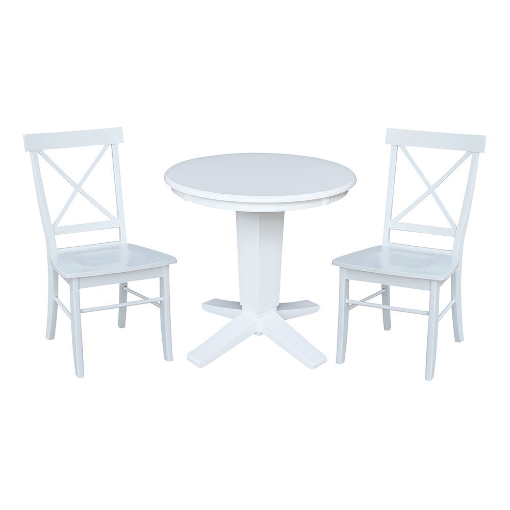 30 in Round Top Pedestal Dining Table with 2 Dining Chairs in White - 3 Pcs Set