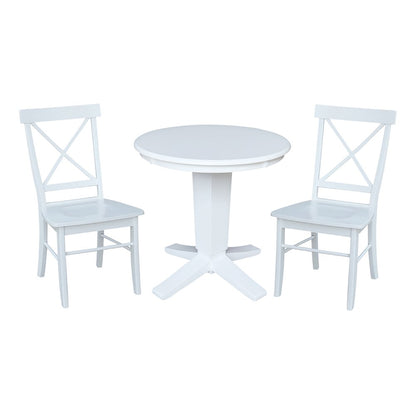 30 in Round Top Pedestal Dining Table with 2 Dining Chairs in White - 3 Pcs Set