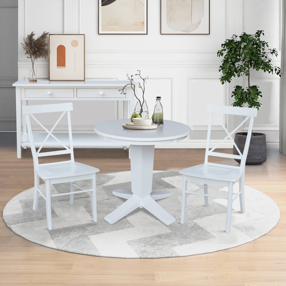 30 in Round Top Pedestal Dining Table with 2 Dining Chairs in White - 3 Pcs Set