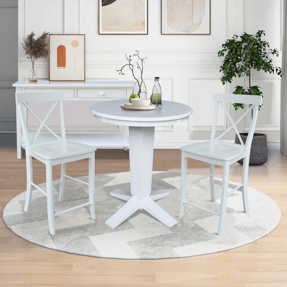30 in Round Top Counter Height Dining Table with 2 Stools in White - 3 Piece Set