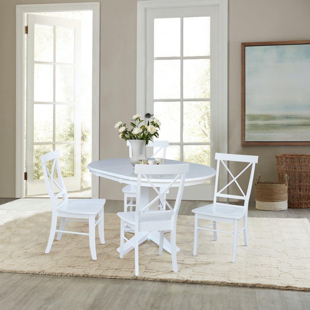 36 in Round Extension Dining Table with 12 in Leaf and 4 Dining Chairs, 5Pcs Set
