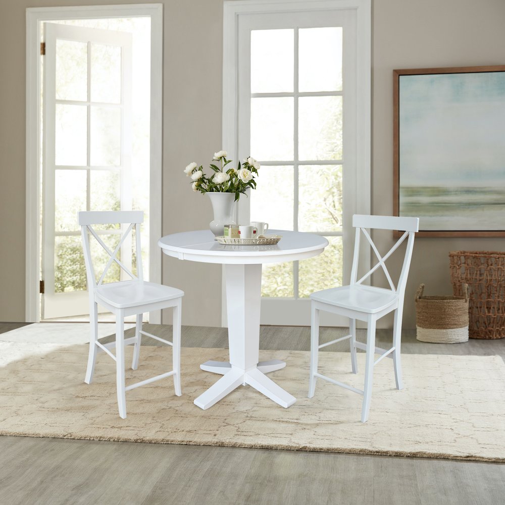 36 in Round Counter Height Dining Table with 12 in Leaf and 2 Stools - 3 Pcs Set
