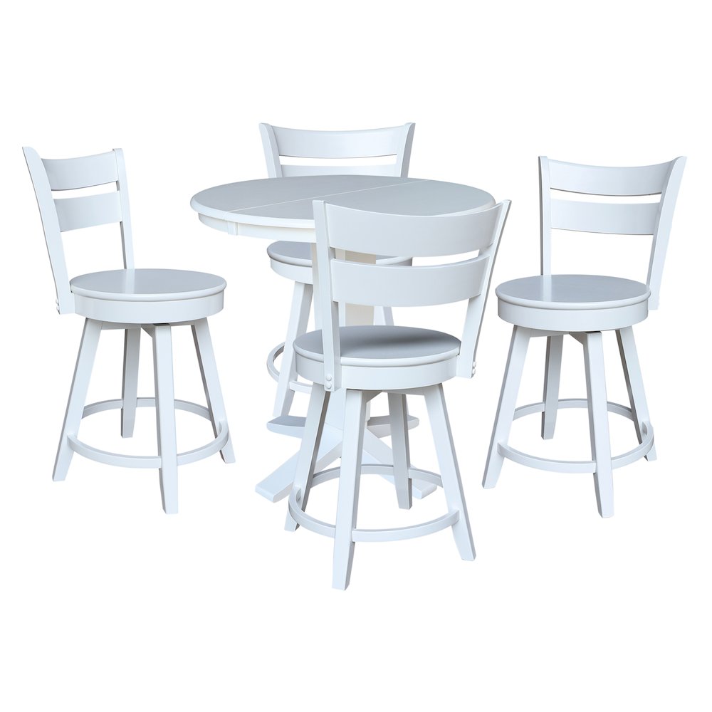 36 in Round Counter Height Dining Table with 12 in Leaf Pcs in White - 5 Pcs Set