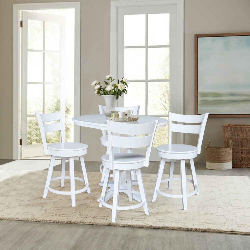 36 in Round Counter Height Dining Table with 12 in Leaf Pcs in White - 5 Pcs Set