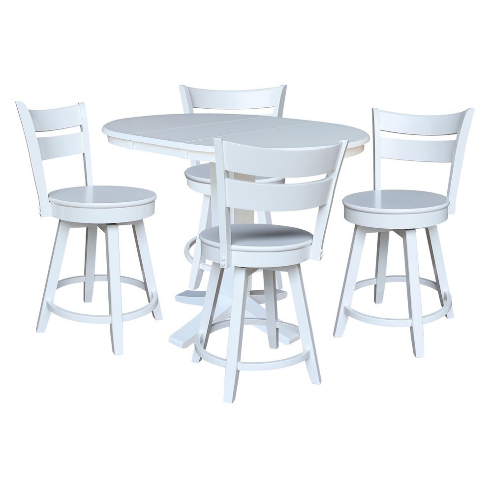 36 in Round Counter Height Dining Table with 12 in Leaf Pcs in White - 5 Pcs Set