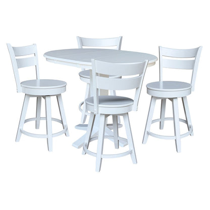 36 in Round Counter Height Dining Table with 12 in Leaf Pcs in White - 5 Pcs Set
