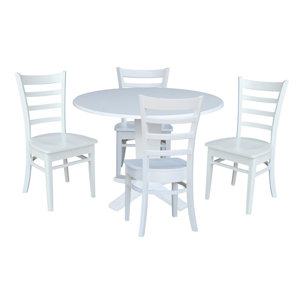 42 in Round Drop Leaf Pedestal Table with 4 Dining Chairs in White - 5 Piece Set