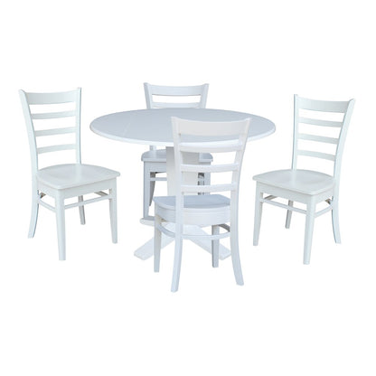42 in Round Drop Leaf Pedestal Table with 4 Dining Chairs in White - 5 Piece Set