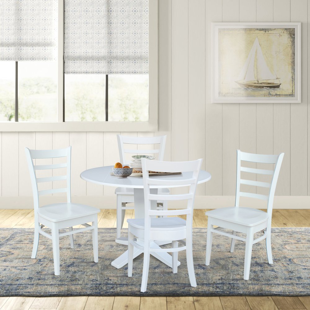 42 in Round Drop Leaf Pedestal Table with 4 Dining Chairs in White - 5 Piece Set