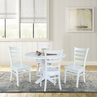 42 in Round Drop Leaf Pedestal Table with 4 Dining Chairs in White - 5 Piece Set