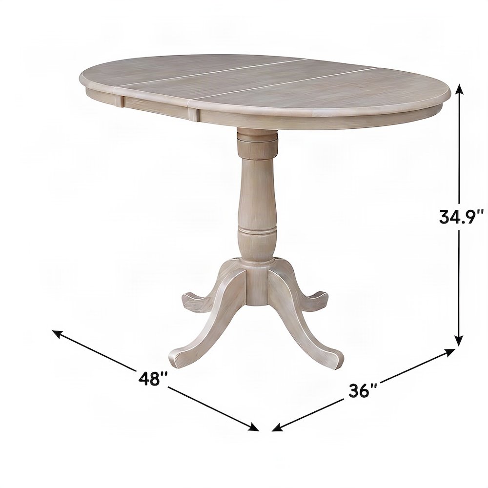 Extendable Round Pedestal Counter and Dining Height Table, Washed Gray Taupe