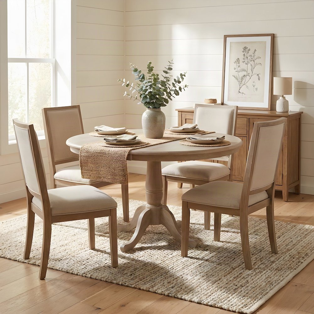 Extendable Round Pedestal Counter and Dining Height Table, Washed Gray Taupe