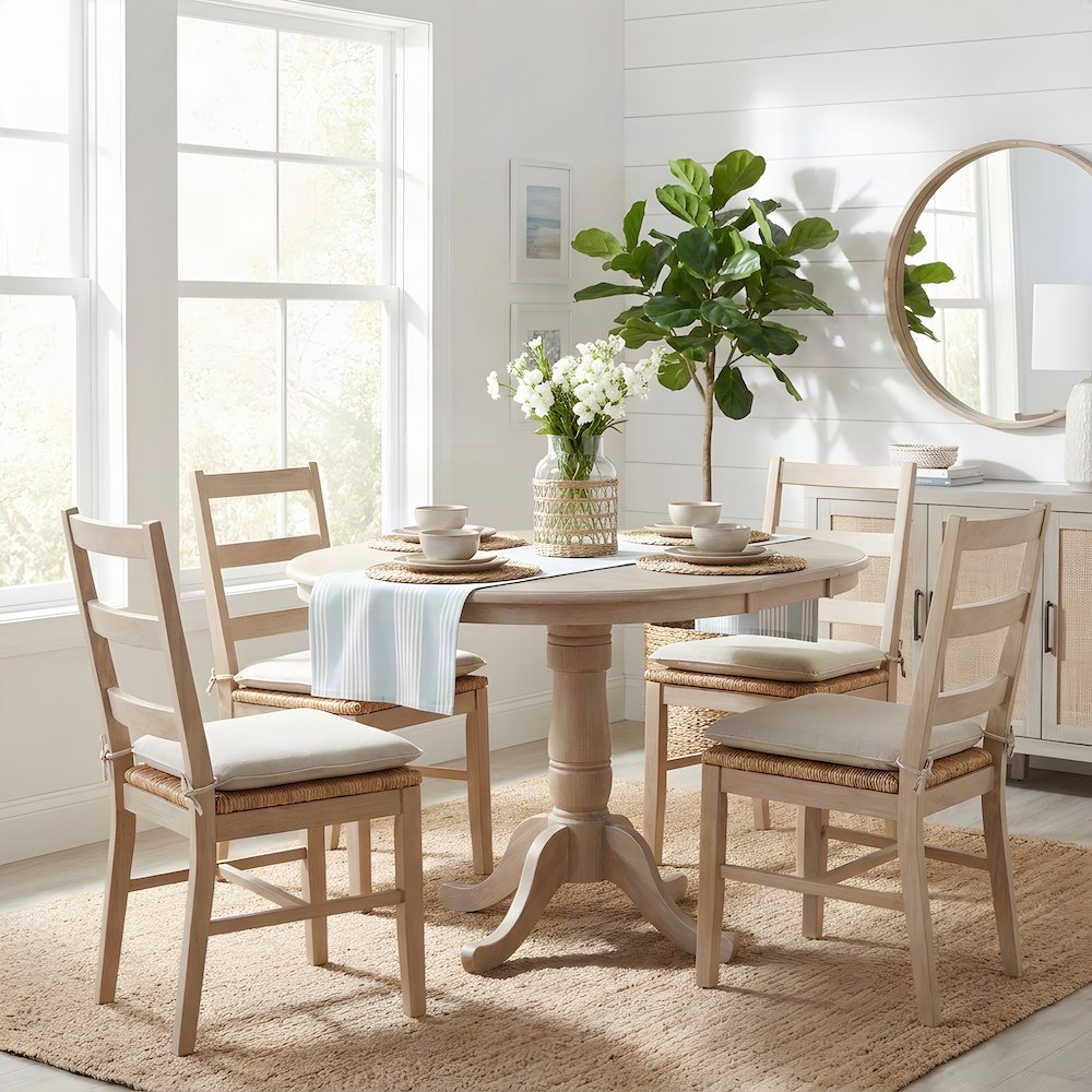 Extendable Round Pedestal Counter and Dining Height Table, Washed Gray Taupe